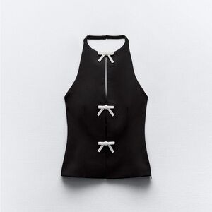 ZARA jewel rhinestone bow ribbon halter top black size M
